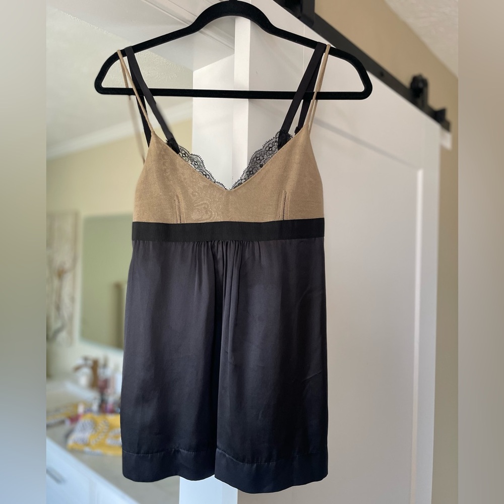 VINTAGE Y2K TWIN-SET SIMONE BARBIERI Black SILk and Tan Wool and Lace Trim Cami